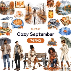 Mysig september akvarell Clipart, höstmänniskor, paraplyer, tröjor (74 PNG)