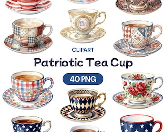 Patriotic Tea Cup Clipart, Watercolor 4th of July PNG, Vintage Teacup Graphic, Independence Day Art, Red White Blue Floral