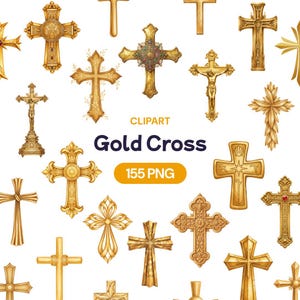 Könnte beinhalten: Eine Sammlung goldener Kreuze in verschiedenen Designs, darunter aufwendige, detaillierte und schlichte Stile. Das Bild enthält den Text "Gold Cross" und "155 PNG". Die Kreuze sind vor einem weißen Hintergrund angeordnet.