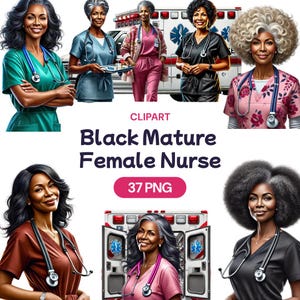Enfermera madura negra, clipart, profesional médico afroamericano en acuarela PNG, linda doctora de atención médica, licencia de uso comercial