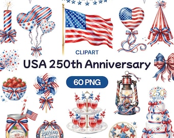 USA 250th Anniversary Clipart, Watercolor Patriotic PNG, America 250 Graphic, Semi quincentennial Art, Red White Blue Celebration