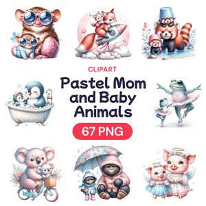 Clipart de animais pastel para mamãe e bebê, pacote digital PNG em aquarela fofa para o dia das mães, filha recém-nascida, presente para ela, licença de uso comercial