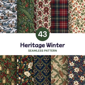 May include: A collection of ten seamless winter-themed patterns featuring snowy cottages, pine branches with red berries, tartan ribbons, plaid fabric, robins, lanterns, magnolia flowers, gold bells, pinecones, and white poinsettias.