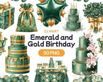 Clipart de aniversário em ouro esmeralda, 50 imagens PNG em aquarela verde para festa, bolo luxuoso, decoração elegante com arco de balões, presente com champanhe, comemoração de 40 anos.