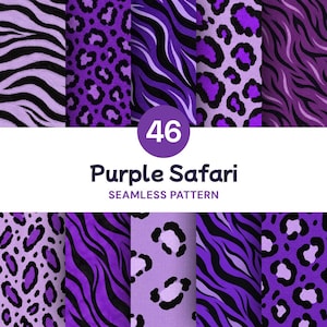May include: A collection of 46 seamless digital patterns featuring purple and black animal prints. The designs include various leopard spots and zebra stripes in shades of light lavender, vibrant violet, and deep purple, presented as a grid.