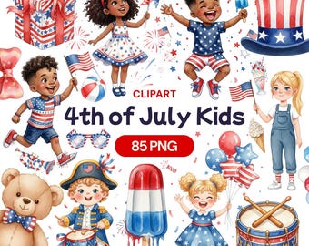 4th of July Kids Clipart, Watercolor Independence Day PNG, Patriotic Summer Graphic, American Child Art, USA Celebration Illustration
