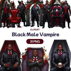 Clipart di vampiro maschio nero in formato PNG, acquerello di uomini afroamericani spettrali per Halloween, ragazzo sexy spaventoso, vestito da teschio regale, licenza per uso commerciale