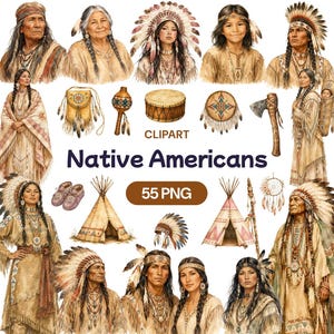 Puede incluir: Una colección de imágenes prediseñadas digitales con ilustraciones de personas nativas americanas con vestimenta tradicional, tipis, un tambor, una sonaja, un atrapasueños, mocasines y un hacha. El texto dice CLIPART Native Americans 55 PNG.