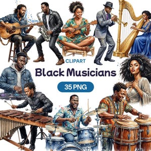 May include: Digital illustration featuring various Black musicians playing instruments. The image includes a guitarist, saxophonist, ukulele player, trumpeter, harpist, and percussionists. Text reads "Black Musicians" and "35 PNG".