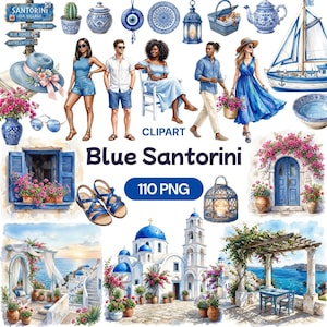 Blå Santorini Clipart, Akvarell Grekland PNG, Medelhavsresor Grafik, Ocean Island Konst, Kustnära Semesterdekor