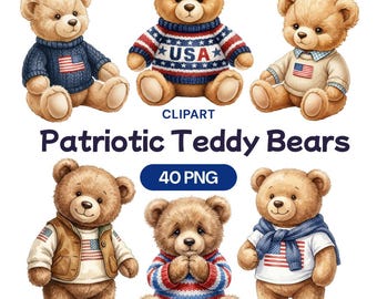 Patriotic Teddy Bear Clipart, Watercolor 4th of July PNG, American Flag Toy Graphic, Independence Day Animal, Red White Blue