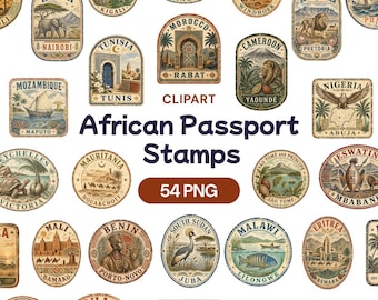 African Passport Stamps Clipart, Vintage Travel PNG, Wildlife Emblem Graphic