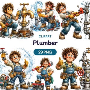 May include: A digital illustration featuring a cartoon plumber in various poses, working with pipes and tools. The image includes the text "CLIPART", "Plumber", and "29 PNG". The plumber is wearing a plaid shirt, overalls, and work boots.