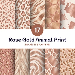 17 naadloze patronen met dierenprint in roségoud, roze luipaard- en zebraprint, digitaal papier (PNG).