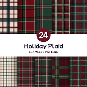 May include: A collection of 24 seamless digital paper patterns featuring various holiday plaid designs in red, dark green, and cream color palettes. The image displays multiple tartan and check textile textures with thin white and dark lines.