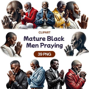 Volwassen zwarte mannen bidden clipart, aquarel Afro-Amerikaanse religieuze mannelijke PNG, volwassen christelijk spiritueel gebed, licentie commercieel gebruik