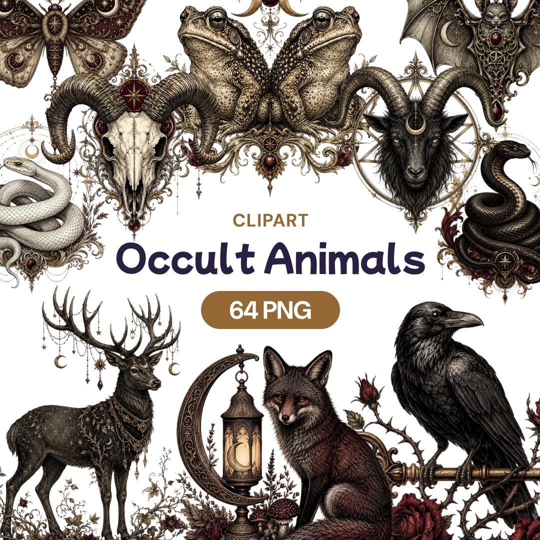Occult Animals Clipart Bundle, Gothic Mystical Creatures PNG, Dark ...