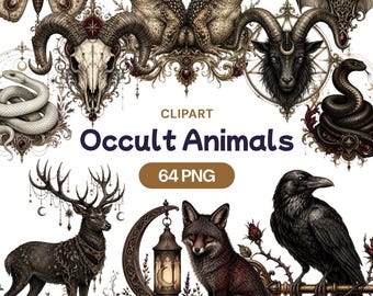 Occult Animals Clipart Bundle, Gothic Mystical Creatures PNG, Dark Witchy Graphics (64 PNG)
