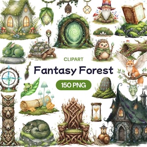 May include: A collection of fantasy-themed clipart illustrations. The image features a variety of whimsical elements, including a fairy house, a portal, a gnome, a fox with wings, and a wooden throne. The text "Fantasy Forest" and "150 PNG" are also included.