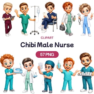 May include: A collection of chibi-style male nurse illustrations featuring various characters in medical scrubs, lab coats, and surgical attire, holding items like stethoscopes, IV bags, clipboards, and medical supplies, with the text Chibi Male Nurse 57 PNG.
