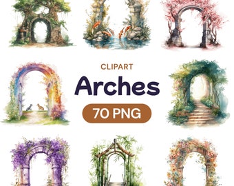Watercolor Arch Clipart PNG Set, Transparent Floral Archway Digital Files, Leafy Forest Post Bundle, Aurora Borealis, Commercial Use License