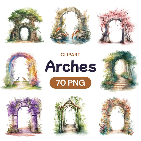 Watercolor Arch Clipart PNG Set, Transparent Floral Archway Digital Files, Leafy Forest Post Bundle, Aurora Borealis, Commercial Use License