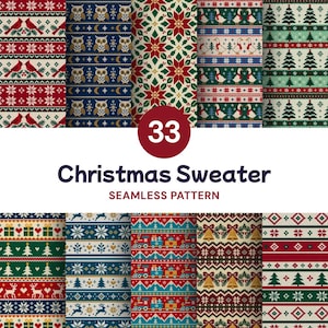 Puede incluir: Una colección de 33 patrones sin costuras para suéteres navideños con diversos diseños festivos que incluyen cardenales rojos, búhos, flores de pascua, gansos, pinos, regalos, renos, trenes y campanas en una paleta de colores rojo, verde y azul.