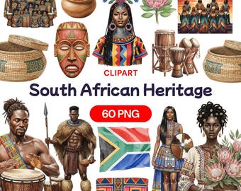South African Heritage Clipart, 60 Watercolor PNG, African Culture, Zulu Warrior, Traditional Clothing, Ndebele Beadwork, Protea Flower