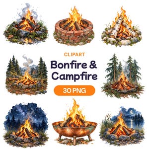 Könnte beinhalten: Eine Sammlung von acht Illustrationen im Aquarellstil, die verschiedene Lagerfeuer- und Feuerstellen-Szenen zeigen, darunter Steinfeuerstellen, eine Kupferschale und Waldmotive, mit dem Text CLIPART Bonfire & Campfire 30 PNG in der Mitte.