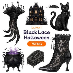Peut inclure: Une collection numérique de cliparts d'Halloween en dentelle noire comprenant un manoir gothique, un chat à motifs de dentelle, une main en dentelle, un chaudron avec de la fumée violette, un cercueil et une botte en dentelle. Texte CLIPART Black Lace Halloween 75 PNG.