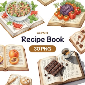 May include: Watercolor clipart featuring open recipe books with various food illustrations. Includes a bowl of salad, grapefruit slices, a head of cabbage, tomatoes, and a chocolate bar. The text "Recipe Book" and "30 PNG" are also visible.