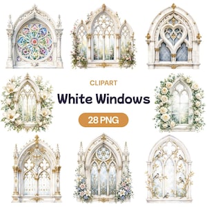 Puede incluir: Un conjunto de imágenes prediseñadas de acuarela que representan ventanas góticas blancas. Las ventanas están adornadas con arreglos florales, vidrieras y detalles arquitectónicos ornamentados. También se incluye el texto "White Windows" y "28 PNG".