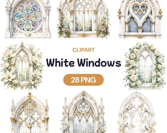 Watercolor White Window Clipart, Gothic Arch PNG, Stained Glass Graphic, Elegant Floral Frame Art, Vintage Architecture Decor