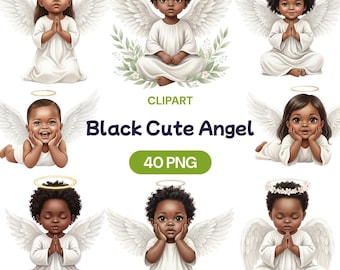Black Cute Angel Clipart, 40 African American Baby PNG, Guardian Angel Graphics, Melanin Cherub Illustration, Religious Baptism Art Bundle