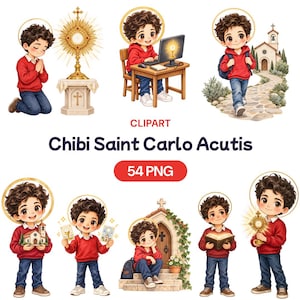 May include: A digital collection of Chibi Saint Carlo Acutis clipart featuring 54 PNG files. The illustrations depict a young boy with curly brown hair and a halo, wearing a red sweater and blue jeans, shown in various poses with religious items.
