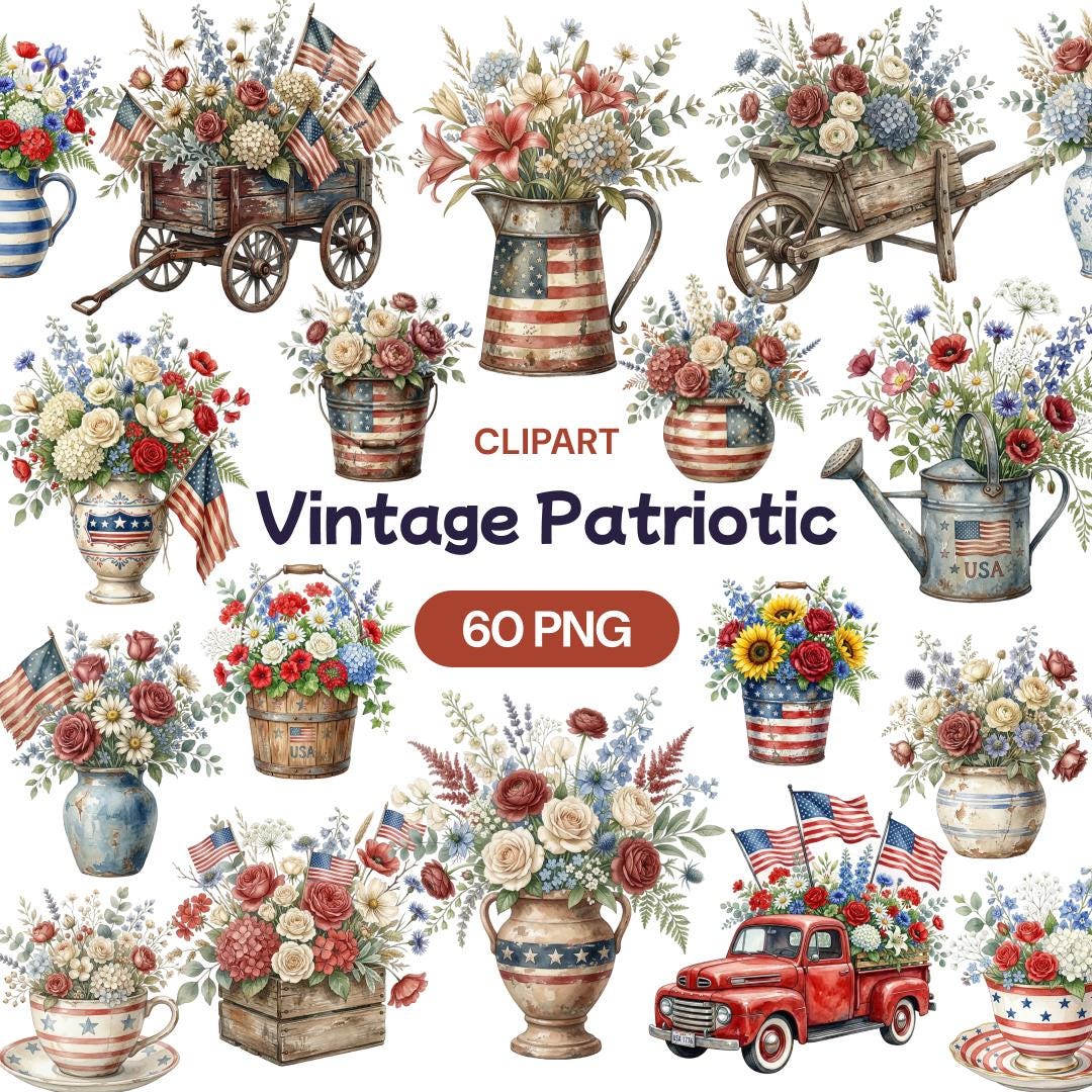 Vintage Patriotic Clipart, Watercolor 4th of July Floral PNG, Red White ...