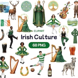 May include: A collection of digital clipart illustrations featuring Irish culture themes. The images include a deer, a harp, a saint, dancers, a violin, a soccer player, a dog, and a beer bottle. The text "Irish Culture" and "68 PNG" are also included.
