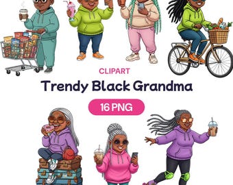 Trendy Black Grandma PNG Clipart, Cool African American Granny, Stylish Roller Skating Grandmother, Cute Mature Woman Commercial Use License