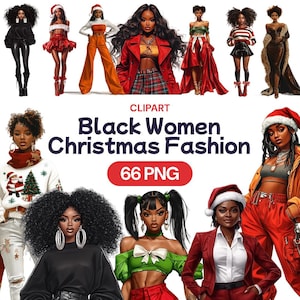 Zwarte vrouwen kerstmode clipart, aquarel Afro-Amerikaanse vrouwelijke kerstman png-bundel, schattige transparante set commercieel gebruik licentie