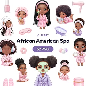 May include: A collection of digital clipart featuring African American spa-themed illustrations. The images include cartoon figures in bathrobes, spa accessories, and the text "African American Spa" and "52 PNG".