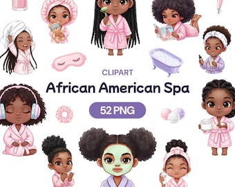 African American Spa Party Clipart, Cute Black Girl Skincare PNG, Pamper Afro Sleepover Bundle