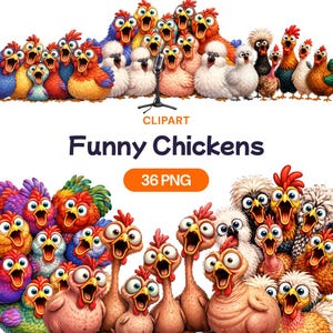 May include: A vibrant illustration featuring numerous cartoon chickens with exaggerated expressions. The image includes the text "Funny Chickens" and "36 PNG". A microphone is positioned in the center of the top row.