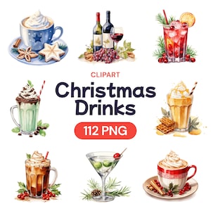Akwarela Boże Narodzenie Napój Clipart, Xmas Koktajl PNG Bundle, Uroczy Zimowy Filiżanka Kawy, Świąteczny Sztuczny Kubek Wina, Licencja Użytkowania Komercyjnego