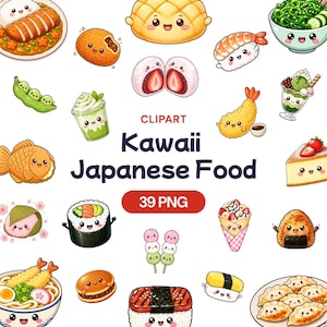 May include: A collection of kawaii Japanese food clipart featuring cartoon illustrations of sushi, ramen, mochi, and desserts with smiling faces. The central text reads CLIPART Kawaii Japanese Food 39 PNG, surrounded by various colourful food items.