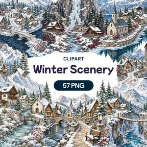 Puede incluir: Una colección digital de imágenes prediseñadas de paisajes invernales con 57 archivos PNG. Las imágenes muestran pueblos de montaña nevados, iglesias de piedra, ríos helados, puentes de arco, pinos y bancos bajo una capa de nieve invernal.