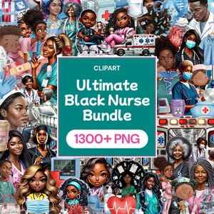 Puede incluir: Un paquete de imágenes prediseñadas digitales titulado "Ultimate Black Nurse Bundle" con más de 1300 archivos PNG. La imagen presenta ilustraciones de enfermeras negras, equipos médicos y una ambulancia. La paleta de colores incluye verde azulado, rosa y blanco.