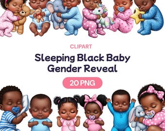 Sleeping Black Baby Gender Reveal Clipart, Cute African American Boy and Girl Party PNG, Kawaii Nursery Chibi Babies, Commercial Use License