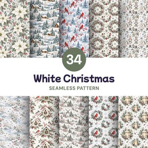 34 White Christmas Seamless Patterns, Snowy Winter Digital Paper PNG