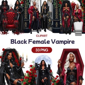 Clipart di vampiro donna nera in formato PNG, acquerello di donne afroamericane spettrali per Halloween, vestito da ragazza gotica sexy e spaventoso, licenza per uso commerciale