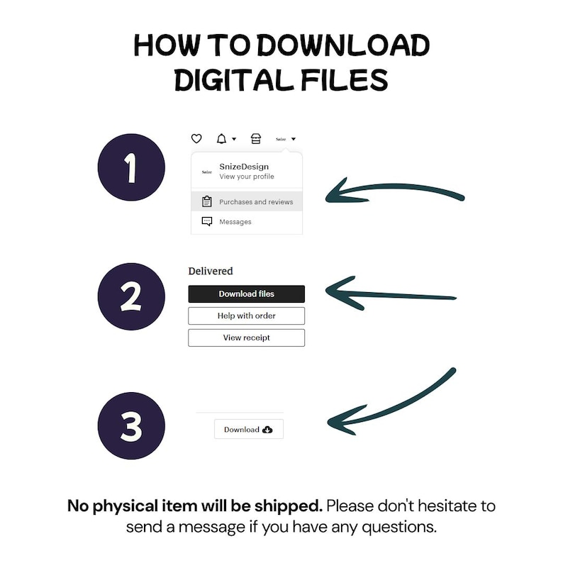 Puede incluir: Gr&aacute;fico blanco con instrucciones sobre c&oacute;mo descargar archivos digitales. El texto incluye los pasos 1, 2 y 3, con flechas que indican el proceso de descarga. El texto en la parte superior dice "HOW TO DOWNLOAD DIGITAL FILES".